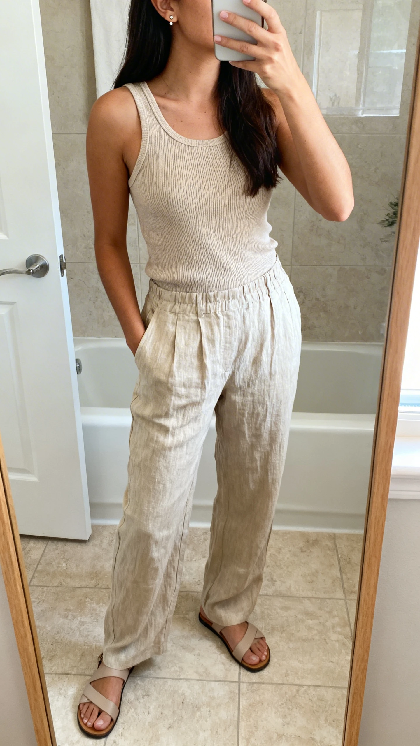 iPhone side-angle mirror selfie of a woman wearing linen trousers, a fitted knit tank, minimalist sandals, and subtle stud earrings, face not visible, bathroom mirror, natural indoor light, iPhone photo quality.
