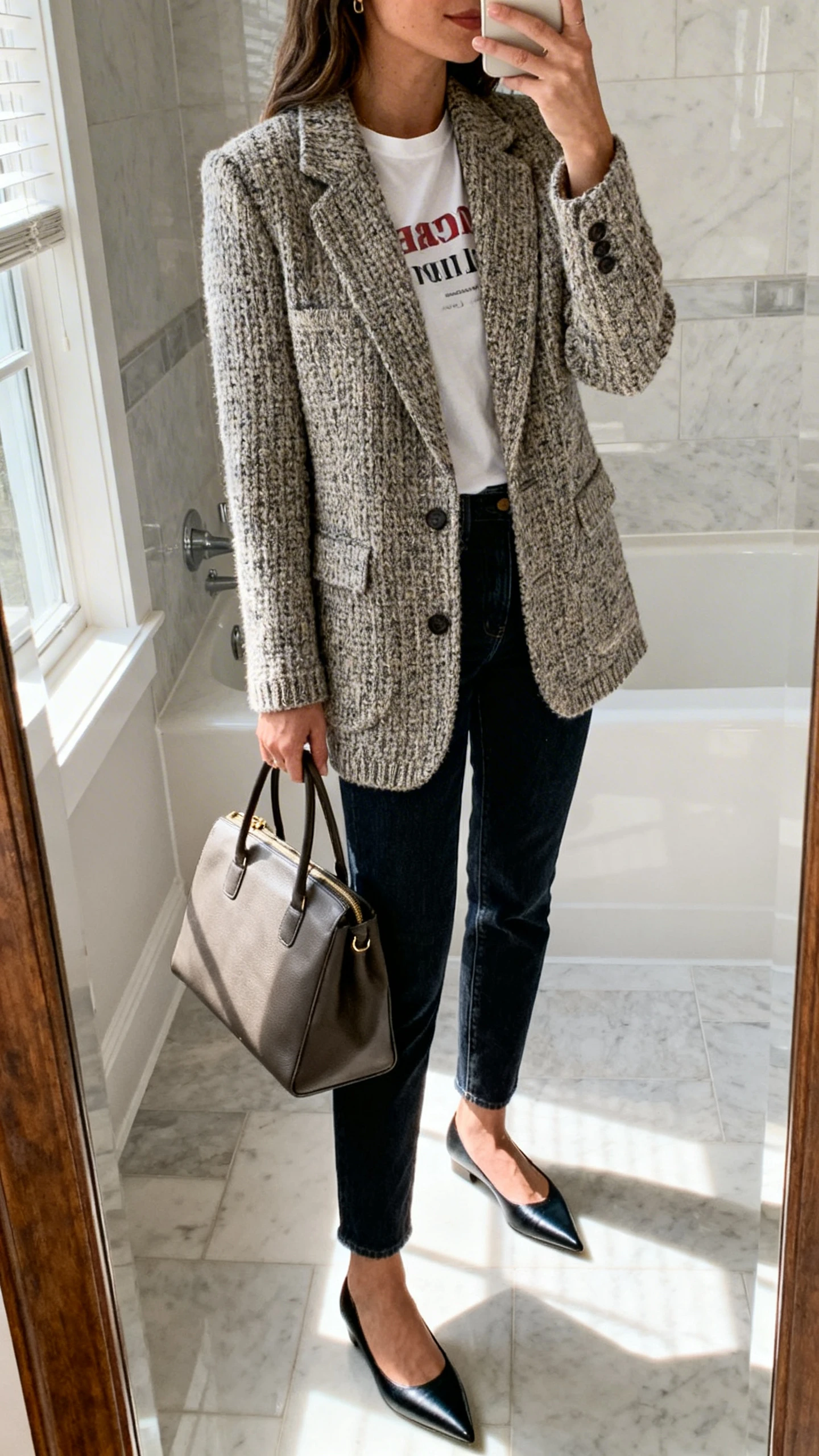 iPhone side-angle mirror selfie of a woman wearing a polished knit blazer over a tee with dark denim, pointed flats, and a structured tote, face not visible, bathroom mirror, natural window light, iPhone photo quality