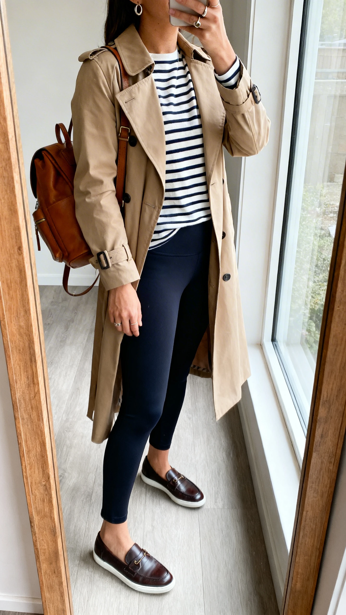 iPhone side-angle mirror selfie of a woman wearing stretch ankle pants, a Breton-striped top, a classic trench coat, comfortable loafer sneakers, a leather backpack, and small hoops with a signet ring, face not visible, full-length mirror near window, natural daylight, iPhone photo quality.