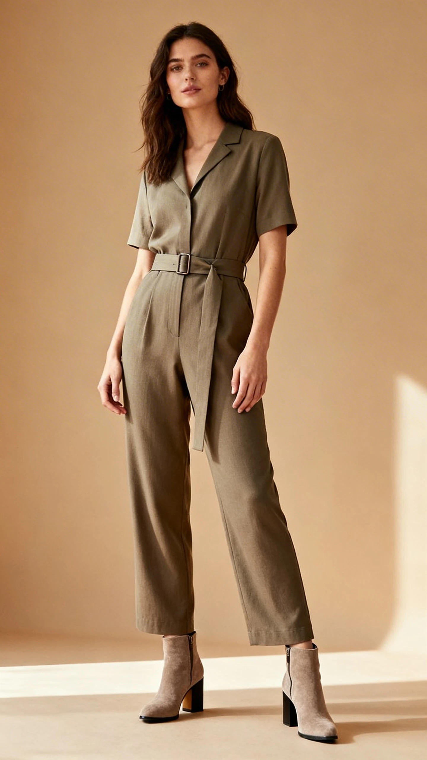 Studio fashion photo of a woman in a tailored, belt-waist jumpsuit with comfortable block-heel ankle boots, tan background, soft studio lighting, natural stance with hands at sides, clean composition, high quality.