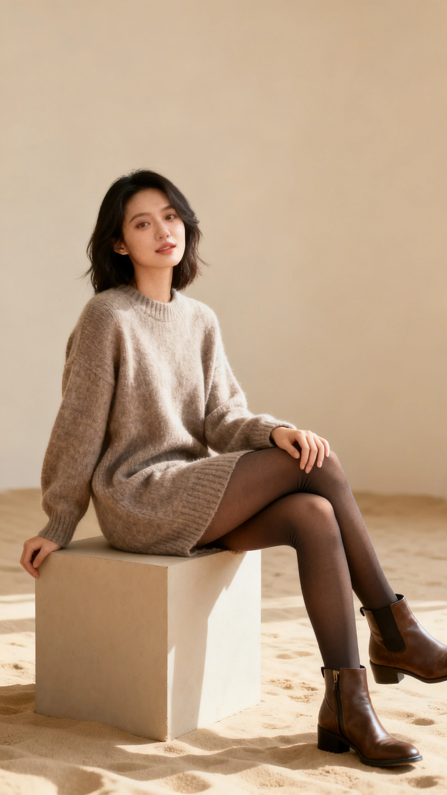 Studio fashion photo of a woman wearing a cozy-chic sweater dress with opaque tights and ankle boots, sand-colored background, soft studio lighting, seated on a simple cube with relaxed posture, clean composition, magazine-quality.