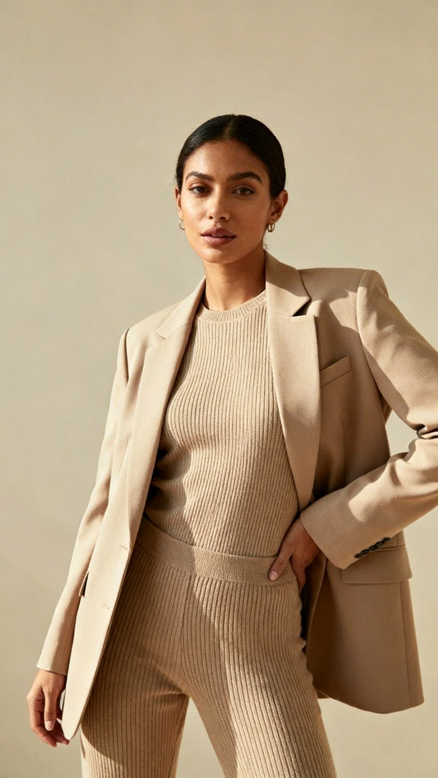 Studio fashion photo of a woman wearing a sharp power blazer over a matching comfy knit set (fine-gauge knit top and knit pants), neutral beige background, soft studio lighting, professional natural pose, clean composition, high quality.
