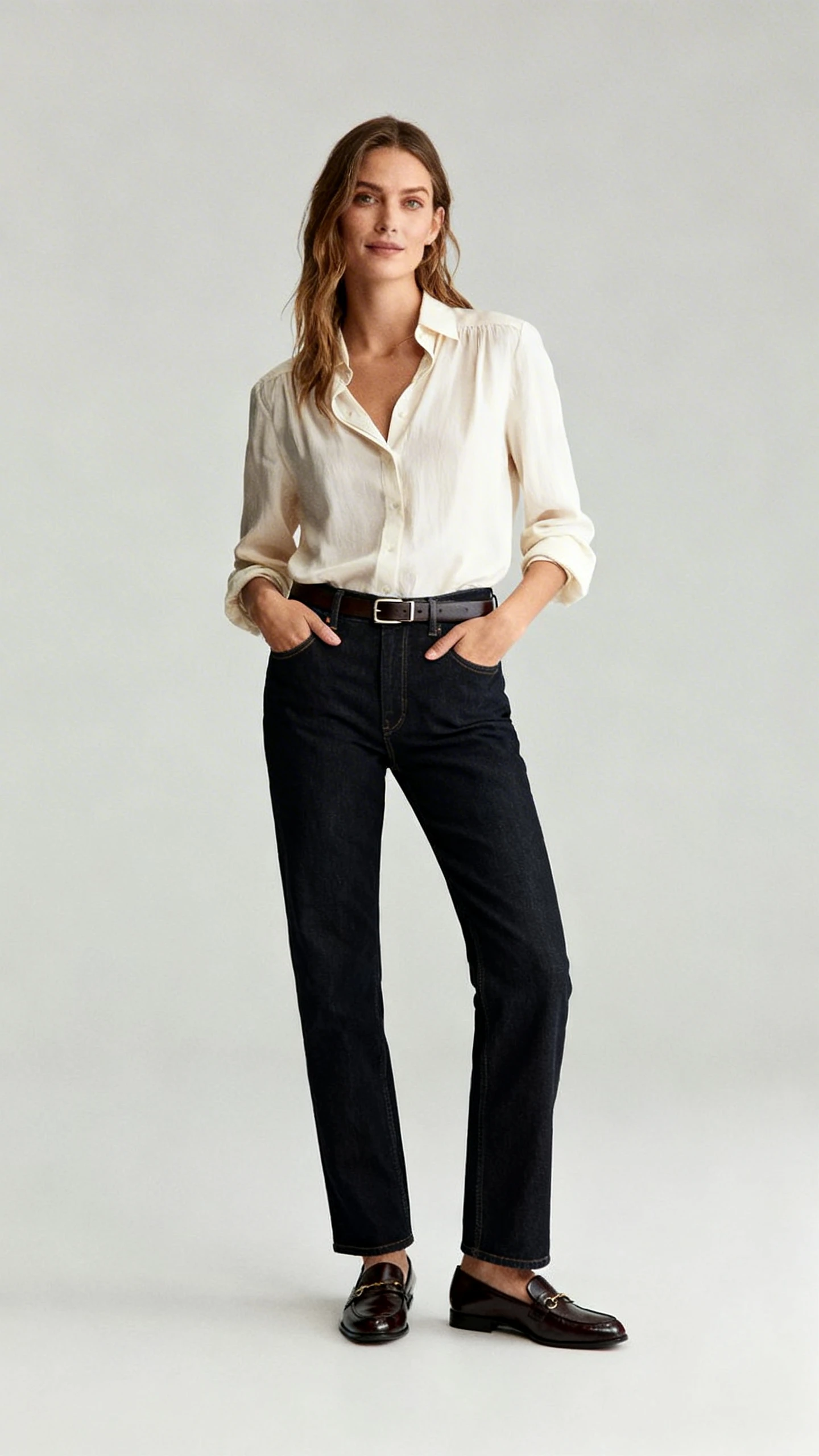 Studio fashion photo of a woman wearing elevated dark-wash straight jeans, a refined blouse, and polished loafers with a slim belt, light gray background, studio lighting, relaxed hands-in-pockets pose, clean composition.
