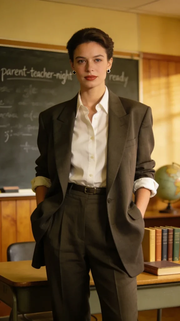 Create a high-resolution, hyper-realistic photo of a stylish female teacher in a 1990s classroom setting. The main subject stands confidently at the front of a softly lit classroom, wearing an oversized blazer that drapes slightly over the hips, paired with a classic white button-down shirt and high-waisted trousers or a midi skirt. The blazer should dominate the silhouette without being oversized to the point of frumpiness, conveying authority and poise. The sleeves are casually rolled up to mid-forearm to add a relaxed, practical vibe. The look exudes “parent-teacher-night ready” confidence, suitable for a 90s classroom photo. The subject has a composed, approachable expression and natural makeup, with subtle 90s accessories such as simple stud earrings or a slim belt. The background features vintage classroom elements: a chalkboard with neat writing, wood-paneled walls, a globe, and a few neatly arranged books on a desk. Lighting is warm and even, highlighting the clean lines of the blazer and the crisp white shirt, with a shallow depth of field that keeps the subject in sharp focus while softly blurring the background. No text or logos anywhere in the image.