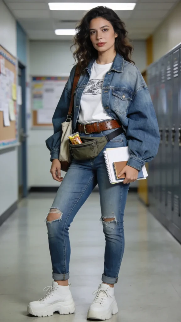 A high-resolution, realistic photo of a stylish, confident teacher in a modern classroom hallway. The main subject is a female teacher in her early 30s with a casual, edgy denim look: distressed, mid-rise blue jeans with slight taper, a crisp white graphic tee under a softly structured oversized denim jacket, and a practical belt bag slung crossbody at hip level. She wears chunky white sneakers and minimal, natural makeup, with hair styled in loose waves. Accessories include a rugged brown leather belt and a tote partially visible on one shoulder. She carries a few classroom essentials—notes, a small notebook, and a snack visible peeking from the belt bag—exuding organized practicality. The hallway is well-lit with soft, natural light, lockers and bulletin boards in the blurred background. The overall mood conveys cool, workplace-appropriate rebellion, comfort, and readiness for demonstrations. No text on the image.