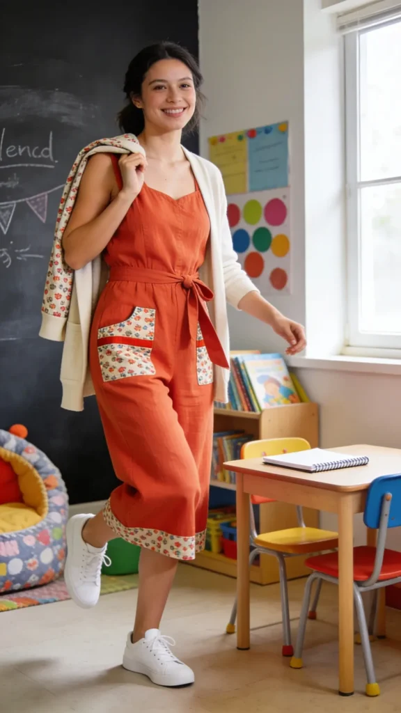 A high-quality, realistic photograph of a cheerful elementary school teacher in a playful jumpsuit or romper, standing in a bright, well-lit classroom. The jumpsuit is a breathable cotton-linen blend in a bold solid color with a kid-friendly print on accent elements (such as pockets or a subtle pattern) and a modest neckline with a comfortable knee-length cut. The teacher wears a contrasting cardigan draped over one shoulder or tied at the waist to add depth, with clean white sneakers for a practical, ready-for-action look. The scene includes a chalkboard wall in the background with colorful, non-distracting decor and a cozy reading corner nearby, a small desk with a notebook or couple of child-height chairs, and natural light streaming in from a window. The teacher is mid-mstep, moving between desk work and a reading group, exuding approachability, confidence, and readiness for spontaneous trips to the library or art corner. No visible text on the image.
