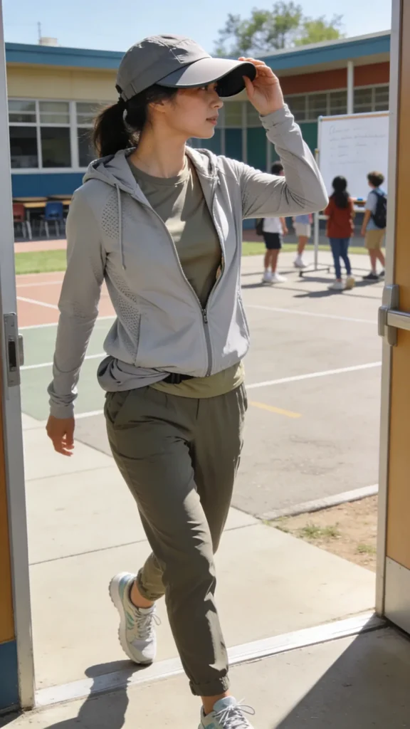 A realistic, high-quality photo of a female teacher standing in a bright schoolyard during a sunny day, captured mid-movement as if just stepping outside between classes. She wears a slim, ultralight zip hoodie in a soft, breathable performance fabric in a neutral light gray, partially unzipped to reveal a moisture-wicking performance tee in a coordinating color. She pairs it with a breathable, curved-brim cap in a coordinating shade to shield her eyes from the sun. The hoodie is lightweight enough to show slight texture and airflow, with the hood tucked neatly into a small waistband whenever needed. She has practical, comfortable outdoor-appropriate pants and lightweight sneakers suitable for long hours of walking between classrooms. The look is casual yet polished, designed for sun protection and sweat management. The scene conveys active movement—perhaps she’s adjusting the cap with one hand and glancing toward students or a whiteboard in the distance. The lighting is natural daylight with soft, flattering shadows, emphasizing the breathable fabrics, moisture-wicking texture, and the practical, stylish layering. No text or branding visible on the image.