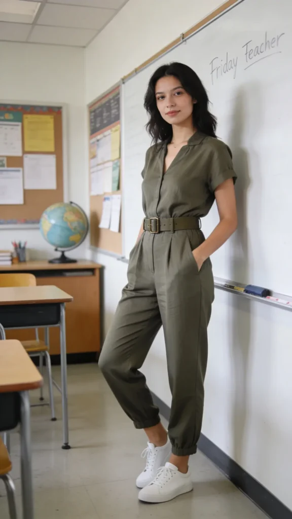 A realistic high-resolution photo of a stylish female teacher standing in a bright, modern classroom. She wears a sleek, well-cut jumpsuit in a breathable fabric, tailored with a comfortable, adjustable belt at the waist. The jumpsuit is one-piece and easy to move in, with a slightly relaxed leg and clean lines that convey effortless polish. She pairs the outfit with white sneakers for a casual day, and her pose exudes confidence and approachability as she stands near a whiteboard with subtle classroom elements in the background (desks, a globe, bulletin boards). The lighting is natural and soft, emphasizing the breathable fabric and forgiving silhouette. The image should capture a realistic, professional vibe suitable for a Friday teacher outfit feature, with no text on the image. The main subject is the teacher in the jumpsuit, posed in a way that suggests readiness for back-to-back classes.