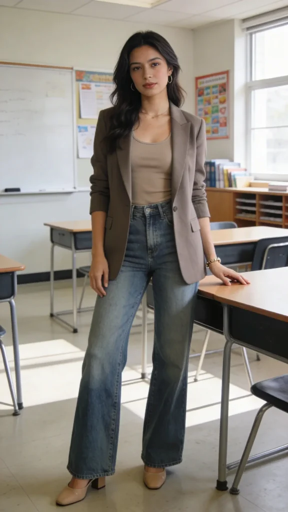 A realistic, high-quality photo of a stylish teacher standing in a well-lit classroom, wearing wide-leg denim jeans paired with a fitted neutral-toned tank top and a tailored blazer in a coordinating color. The blazer is softly structured to provide a polished, professional silhouette. The outfit exudes confident, presentation-day energy, suitable for parent conferences. The teacher stands with one hand gently resting on a desk, cross-armed pose, or a poised stance that conveys approachability and authority. She wears closed-toe shoes for safety, simple accessories, and natural makeup. The background shows a tidy classroom with organized desks, a whiteboard, and educational posters, with natural light streaming through windows. The overall vibe is chic, comfortable, and ready for a day of teaching and presenting. No text on the image.