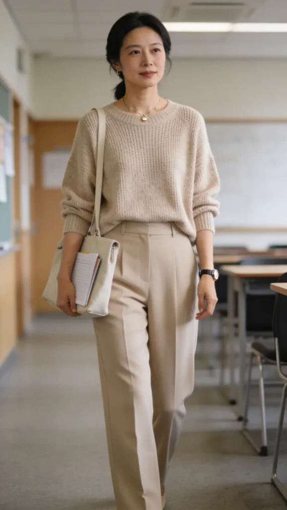 Create a realistic, high-quality photo of a stylish parent attending a parent-teacher conference, wearing a smart-casual knit set that says "I’ve Got This." The outfit includes a matching sweater-knit top and soft, mid-rise tailored trousers in a tonal, neutral palette (soft beige or taupe). The look should read refined and comfortable, with a clean, streamlined silhouette and forgiving fabric suitable for a long day of note-taking and questions. The top has a relaxed yet structured fit with subtle knit texture, while the trousers provide a balanced, mid-rise silhouette. The scene is an indoor conference setting in a classroom or school hallway, with a calm, confident expression, carrying a lightweight tote or folder containing notes. Natural, soft lighting to highlight the knit texture and the tailored lines, minimal accessories (simple jewelry, unobtrusive watch), and no visible text on the image. The background is gently blurred to keep the main subject in sharp focus.