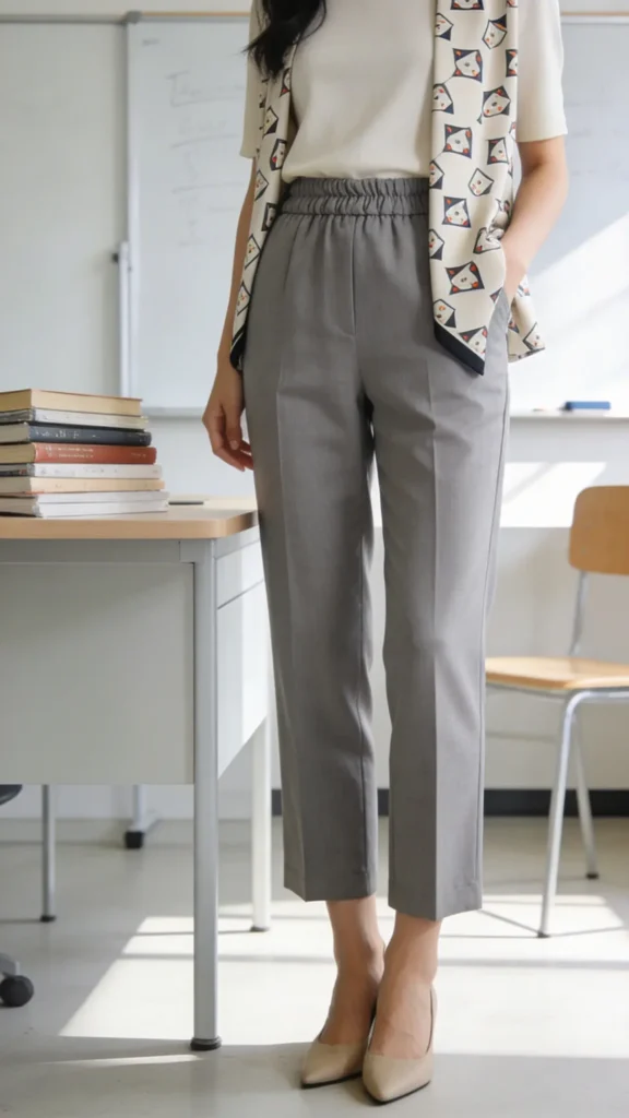 A realistic, high-quality photo of a stylish teacher standing in a bright, modern classroom. The teacher is wearing polished, mid-length gray straight-leg trousers with a subtle, playful geometric print on a single accent garment (such as a blazer or scarf) that complements a simple solid-colored top. The outfit features an elastic or forgiving waistband for comfort, and the print is tasteful and not overpowering, serving as a curious but cohesive highlight. The overall look is cohesive with a minimal, chic palette (neutrals with a soft accent color). The teacher stands confidently near a tidy desk with neatly arranged books and a whiteboard in the background, natural light streaming in, capturing a candid yet composed moment that conveys professionalism, comfort, and approachability. No text on the image. The main subject is the teacher referenced in the article title.
