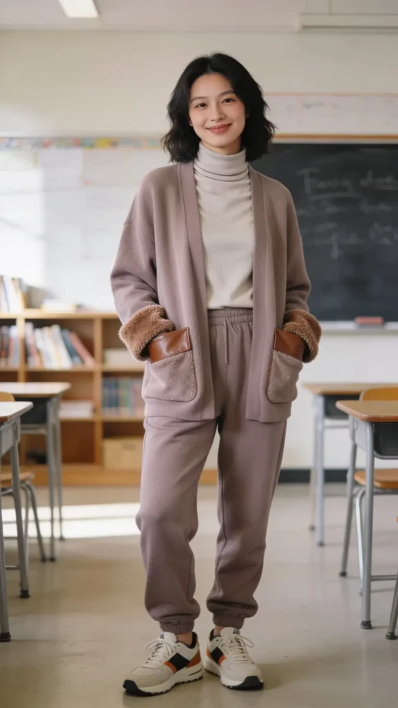 A realistic, high-quality photo of a female teacher standing in a bright classroom, modeling a soft-toned layered jogger outfit for Cozy-Copier Fridays. She wears stone or taupe joggers paired with a layered top: a lightweight turtleneck under a slip-on cardigan, with subtle vegan leather accents and a brushed fleece texture visible on the cardigan cuffs and pockets. Her sneakers have a contrasting color accent that complements the outfit. The look exudes warmth and comfort, suitable for long hours of standing, with gentle natural lighting, a blurred classroom chalkboard or bookshelf in the background, and a friendly, approachable expression. No visible text on the image.