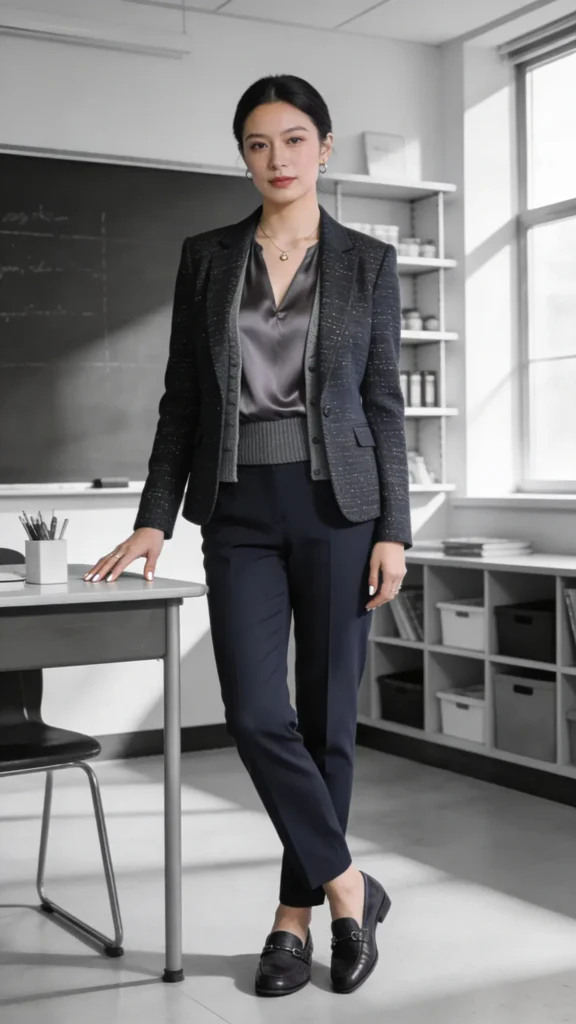 A realistic, high-quality photo of a stylish teacher standing confidently in a bright classroom, embodying a Monochrome Magic look. The main subject is a professional educator in a monochrome outfit using varying textures to add depth: a sleek single-color ensemble such as charcoal gray or navy. The outfit includes a tailored monochrome blazer with a subtly textured tweed or wool blend, a soft satin-sheen blouse or knit top in the same color family, and well-fitted trousers. The palette should vary only slightly in shade (deep charcoal, medium gray, and lighter gray) to create a cohesive, elongated silhouette. Add textures with a matte knit cardigan or vest layered beneath the blazer, and polished leather or suede loafers in the same color family. The lighting is natural and flattering, coming from a window to the side to create gentle shadows and depth. The classroom backdrop features organized shelves, a neat desk with minimal supplies, and a clean, modern aesthetic. The teacher has minimal makeup and nails in a neutral tone, with a calm, confident expression, subtle jewelry, and an approachable pose (one hand resting on a desk, the other by their side). No text or logos on the image.