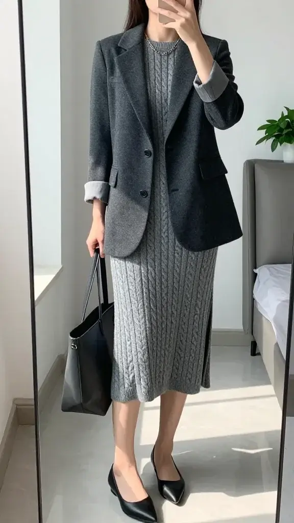 A realistic, high-quality in-mirror selfie photo of a stylish teacher posing in a clean, modern room. The main subject should be the teacher from the article title, captured from the chest or waist down to create a mirror-selfie look with their head not visible in the frame. The mirror is clearly visible, mounted on a pristine wall with soft, natural lighting streaming in, highlighting a chic, cozy business outfit: a cable-knit midi dress layered under a fitted charcoal blazer. The blazer sleeves are rolled to reveal a bit of the knit texture at the cuffs, and the blazer is worn slightly open to show the neckline of the knit dress. The subject wears black pointed-toe flats and a layered chain necklace, with a solid color tote resting casually by one side. The room has minimal, modern decor—neutral tones, clean lines, and a touch of greenery in the background. The overall vibe is cool, polished, and confident, conveying “I mean business” energy in a comfy, teacher-ready ensemble. No text on the image.