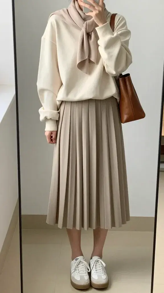 A high-quality, realistic in-mirror selfie of a stylish teacher modeling the "Playful Pleats + Sweatshirt Mashup" outfit. The main subject from the article title is present but cropped to show only from the shoulders down, with a visible clean, modern mirror reflecting the outfit. The scene captures a light, airy classroom-turned-dressing-room vibe: a clean, uncluttered space with neutral tones and soft natural lighting. The subject wears a sand-pleated midi skirt paired with a cream weekend-soft crewneck sweatshirt, tucked lightly at the front to reveal the waist and the pleats. White sneakers with a clean sole are shown, along with a soft scarf in a coordinating hue draped loosely, and a natural leather crossbody bag tucked under the shoulder. The mirror should be framed simply, mounted on a plain, tidy wall, and the floor visible in the reflection should be neutral-toned. The overall styling is cool and modern, with the outfit conveying comfort and classroom charm. No text or branding visible on the image.