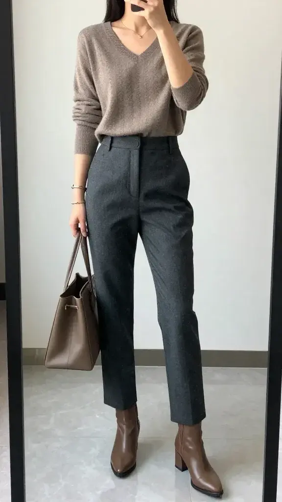 A high-resolution, realistic in-mirror selfie of a stylish professional woman modeling the outfit described: tailored charcoal trousers paired with a warm taupe V-neck knit sweater tucked at the front waistband to highlight the leg line, leather ankle boots with a comfy heel, a minimalist bracelet stack, and a leather tote. The photo is taken in a clean, modern room with a visible mirror reflecting the model and the full outfit. The main subject is the person from the article title, presented in a chic, contemporary office setting with soft, natural lighting that enhances the textures of the knit and the tailored fabric. The image should have a cool, polished aesthetic, with the mirror clearly framed and the subject captured in a mid-to-full body shot, excluding visible text or branding.