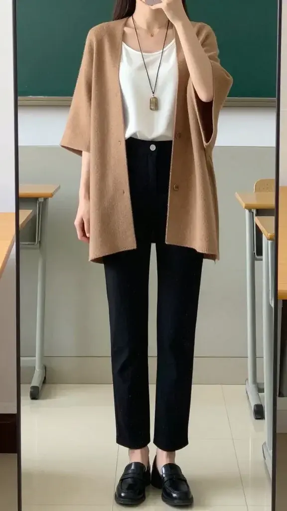 A high-resolution, realistic mirror selfie of a stylish teacher in a clean, modern classroom setting. The subject is cropped at the shoulders or mid-head to ensure the head is not visible, with a clear, reflective wall-length mirror capturing their torso and outfit. The outfit features a camel cape-cardigan draped over a crisp white shell top, paired with black straight-leg pants. The long pendant necklace adds subtle elegance, and polished black loafers complete the look. The background shows a minimal, tidy classroom with soft, neutral tones and tasteful decor. The lighting is cool and airy, highlighting the textured cape-cardigan and clean lines of the ensemble, conveying a chic, effortless “I’m stylish and I know it” vibe without visible text or branding.
