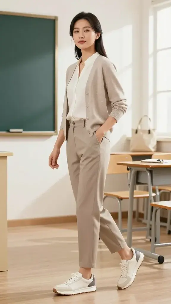 A realistic, high-quality photo of a confident teacher in a bright, modern classroom, standing near a chalkboard and a row of desks. The teacher is wearing stylish sneakers, paired with neutral-toned, clean-lined pants and a crisp blouse or cardigan that complements the shoes. The footwear shows supportive soles and a clean, wipeable surface suitable for busy days, and the overall look exudes chic practicality. The scene includes soft natural light from windows, a few classroom props like a tote bag and a clipboard, and the teacher is mid-stride, conveying movement and engagement with students. No text on the image.