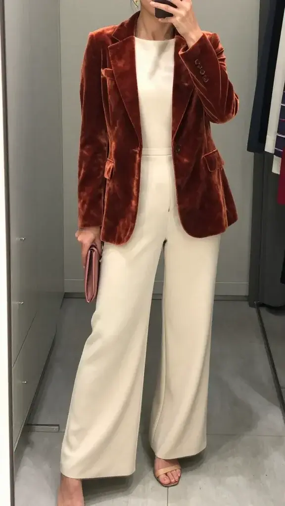 A high-quality, realistic in-mirror selfie of a fashion-forward guest wearing a cream wide-leg jumpsuit with a tailored terracotta velvet blazer, standing in a clean, modern dressing room with a large, spotless mirror. The subject’s head is not shown, but the torso and legs are captured in the mirror as they pose gracefully. The velvet blazer provides rich, dimensional texture against the smooth cream fabric of the jumpsuit, with the blazer left open to showcase the simple, uninterrupted line of the jumpsuit. Accessories include beige or tan strappy sandals, delicate gold drop earrings, and a dusty rose clutch tucked under one arm. The lighting is cool-toned, accentuating the velvet’s depth and the jumpsuit’s clean silhouette, with a minimal background featuring neutral-toned walls, a sleek dresser, and a hint of organized wardrobe elements to emphasize a modern, chic vibe. The pose should convey confidence and a touch of drama, with the mirror clearly visible and framed within the clean-room setting. No text on the image.