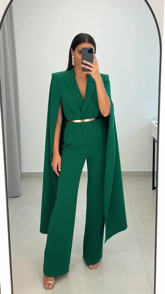 A realistic, high-quality in-mirror selfie of a chic Italian wedding guest posing to showcase a glamorous jumpsuit moment. The main subject is a stylish woman from the article title, captured mid-shot in a clean, modern dressing room with a pristine mirror reflecting her outfit. She wears an Oleander-green tailored jumpsuit that cinches at the waist with a subtle gold belt (optional), paired with metallic mid-heel sandals and statement chandelier earrings. Optional delicate layered necklaces or loop earrings balance the bold neckline. If outdoors, a lightweight cape drapes gracefully from her shoulders, adding movement. The mirror sits against a sleek, minimalist wall with soft, natural lighting and a cool-toned color palette; the shot is an in-mirror selfie, head not visible, focusing on the jumpsuit silhouette, accessories, and poised pose. The room is uncluttered, with clean lines, and the image conveys a modern, fashion-forward vibe suitable for a stylish wedding guest aesthetic.