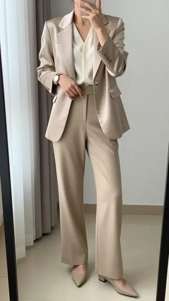 A realistic, high-quality in-mirror selfie of a gender-neutral main subject wearing a classic-twist midi suit for a wedding guest look. The mirror is clearly visible in a clean, modern room with soft natural light from a nearby window. The outfit features a champagne satin blazer paired with beige tailored wide-leg pants and a cream silk blouse tucked in neatly to highlight the shoe line. Neutral pointed-toe pumps complete the look. Accessories are minimal: a slim gold watch on the wrist and a few small rings, no overpowering pieces. The subject stands at a slight angles to the mirror, one hand resting near the hip, the other adjusting the blazer, ensuring the blouse is tucked and the hem aligns to showcase the shoes. The overall vibe is chic, cool, and refined with an Italian-sophistication influence, captured in a crisp, editorial mirror selfie composition.