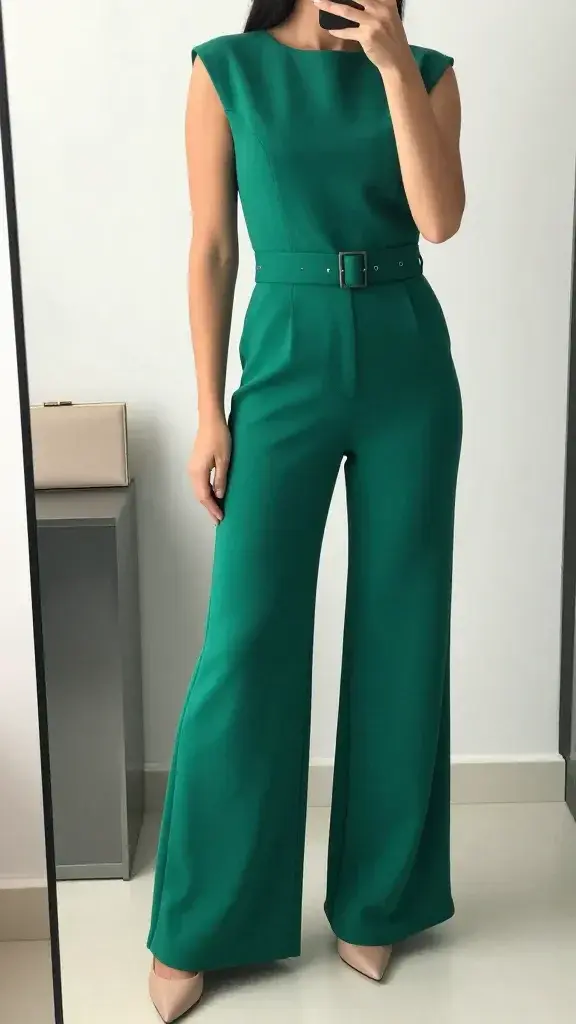 A realistic, high-quality in-mirror selfie of a fashionably styled woman (head not visible) in a clean, modern room with a visible mirror reflecting her full outfit. She wears a tailored emerald wide-leg jumpsuit with a defined waist, paired with nude heels and a statement belt cinching the waist. A neutral boxy clutch rests nearby on a sleek surface. The mirror captures the jumpsuit’s clean lines, the waist definition, and the wide-leg silhouette, with soft, flattering lighting that highlights the rich emerald fabric and clean tailoring. The room features minimalist decor, white walls, and a contemporary aesthetic, with the mirror mounted on a smooth, uncluttered wall to emphasize a chic, garden-party-meets-Italy wedding guest vibe. The overall mood is cool, modern, and effortlessly stylish, conveying the “I didn’t try too hard, I just nailed it” essence. No text in the image.