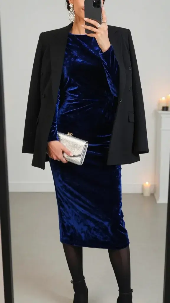 Create a hyper-realistic, high-resolution in-mirror selfie of a stylish fashion-forward guest posing in a velvet midnight garden party ensemble for a cold-weather wedding. The main subject from the article title stands reflected in a clean, minimalistic room with soft, cool-toned lighting. The mirror is full or near-full, clearly showing the subject from the chest up to just above the head (but the head is not visible in the frame, per "without visible head"). The outfit features a rich royal blue velvet midi dress with long sleeves paired with a structured black wool-blend blazer, black opaque tights, and black ankle-strap heeled boots. Accessories include statement pearl and crystal drop earrings and a metallic gunmetal clutch. The subject's pose should convey glamour with a warm, inviting vibe—subtle toasting with the clutch and a hint of a smile, ensuring the lighting highlights the velvet's sheen and the jewelry’s sparkle. The background is a clean, modern interior with minimal decor and candlelight reflections faintly visible, evoking a winter wedding ambiance. The image should be crisp, with natural skin tones, and no text or logos on the image.