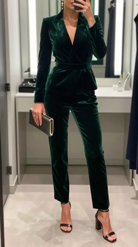 A high-quality, realistic in-mirror selfie of a fashion-forward guest wearing a tailored velvet jumpsuit in deep emerald green, burgundy, or navy, standing in a pristine, modern dressing room with a large, full-length mirror. The subject is captured from mid-torso to just above the head, with the mirror visible and framed in a sleek, minimalist style. The outfit features a structured, leg-lengthening silhouette, a slim belt cinching the waist, and the jumpsuit tailored to the legs for a clean drape. The footwear includes block-heel sandals or ankle-strap mules in a complementary metallic or dark tone. Accessories consist of delicate gold or pearl drop earrings and a small metallic or dark forest-toned clutch resting on a nearby surface. Styling details emphasize a festive yet sophisticated vibe suitable for a vineyard wedding guest look: bold velvet texture, precise tailoring, subtle shine, and a poised, confident pose with one hand resting lightly on the hip or holding the clutch. The room has cool, modern decor: neutral walls, soft diffused lighting, a tidy vanity with minimal clutter, and a hint of greenery in the background. The image conveys a polished, “adulting but festive” mood without text.