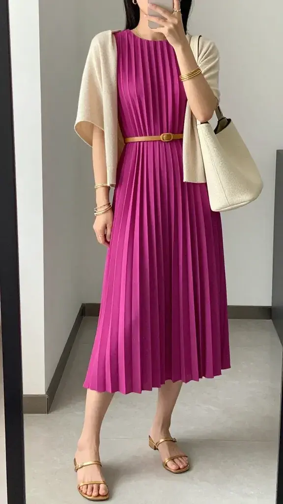 A realistic, high-quality in-mirror selfie of a fashionable female subject captured from chest down to knees, standing in a clean, modern room with minimalist decor. The subject wears a magenta pleated midi dress that catches light with every movement, paired with gold flat sandals or low-heeled sandals and a tan leather belt (optional). A textured warm cream shoulder bag sits casually at the side, and a stack of delicate bracelets is visible on the wrist. The look is airy and summery: keep jewelry light with thin bangles and tiny hoop earrings, and consider layering a cream or beige cardigan draped over shoulders for coverage. The mirror is clearly visible, reflecting the subject and part of the room, creating a soft, cool-toned, contemporary aesthetic with natural lighting that emphasizes the movement of the pleats and the shimmer of the dress. No text on the image.