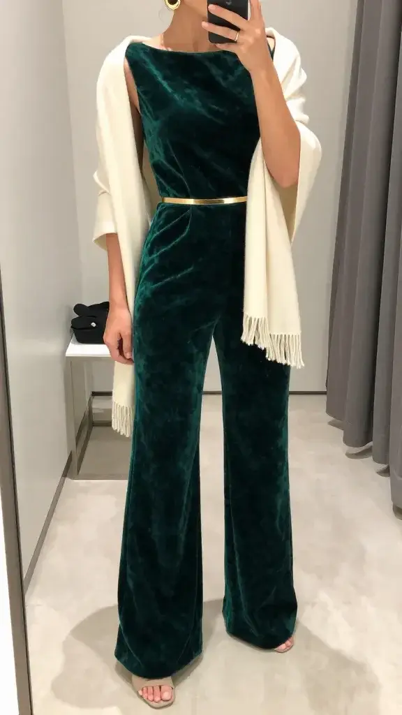 A cool, modern in-mirror selfie of a fashionable guest wearing an emerald velvet jumpsuit with a flattering wide-leg cut, standing in a clean, minimalist dressing room. The subject is cropped at the shoulders down, with the emerald jumpsuit as the focal point, and a thin gold belt resting at the waist (optional). A cream shawl is draped gracefully over one shoulder, adding a subtle contrast. The look is completed with neutral suede sandals and antique-gold statement earrings that catch the light. The mirror is clearly visible in front of a tidy, softly lit room with contemporary decor, reflecting the jumpsuit’s rich emerald color and sleek silhouette. The vibe is luxe yet effortless, perfect for a Tuscan summer wedding guest. No text on the image.
