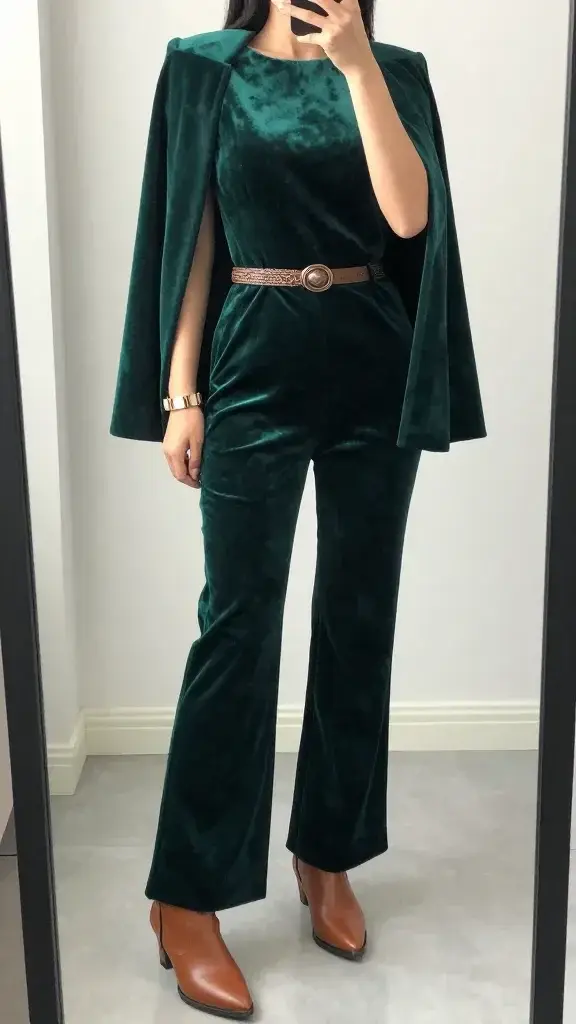 A high-quality, realistic in-mirror selfie of a fashion-forward guest wearing a deep emerald velvet jumpsuit with a tailored waist and flattering neckline, paired with a bronze belt featuring a subtle concho accent and chestnut leather ankle boots. Add a statement cuff bracelet visible on the wrist. The look is finished with a structured cape draped over one shoulder or a lightweight tailored jacket for drama, captured in a clean, modern room with minimal decor. The mirror is clearly visible in the shot, reflecting the subject from chest to mid-thigh, with soft, natural lighting that emphasizes the velvet’s sheen and the western-inspired silhouette. The image has a cool, contemporary vibe with crisp details and realistic textures, and no text overlays.