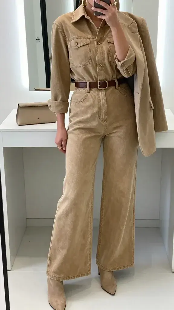 A realistic, high-quality in-mirror selfie of a fashion-forward guest showcasing a tan wide-leg denim-style jumpsuit. The main subject (a stylish guest) is photographed from the chest down in the mirror, with the head intentionally not visible. The mirror is clearly shown in a clean, modern makeup-free vanity area with sleek white surfaces, soft cool lighting, and minimal decor. The outfit features: a tan denim-wide leg jumpsuit cinched at the waist with a brown leather belt with a subtle buckle, beige suede heeled booties, and a statement gold earring peeking from the visible ear. A beige mini clutch rests on the vanity; a quick blazer is draped over one shoulder or hung nearby for contrast on cooler days. The scene should emphasize a polished yet effortless vibe, with the waist defined by the belt and the legs elongated by a subtle heel. Include a clean, uncluttered background that highlights the jumpsuit’s silhouette and the mirror’s reflection, with natural, cool-toned lighting and a modern, fashion-forward aesthetic. No text on the image.