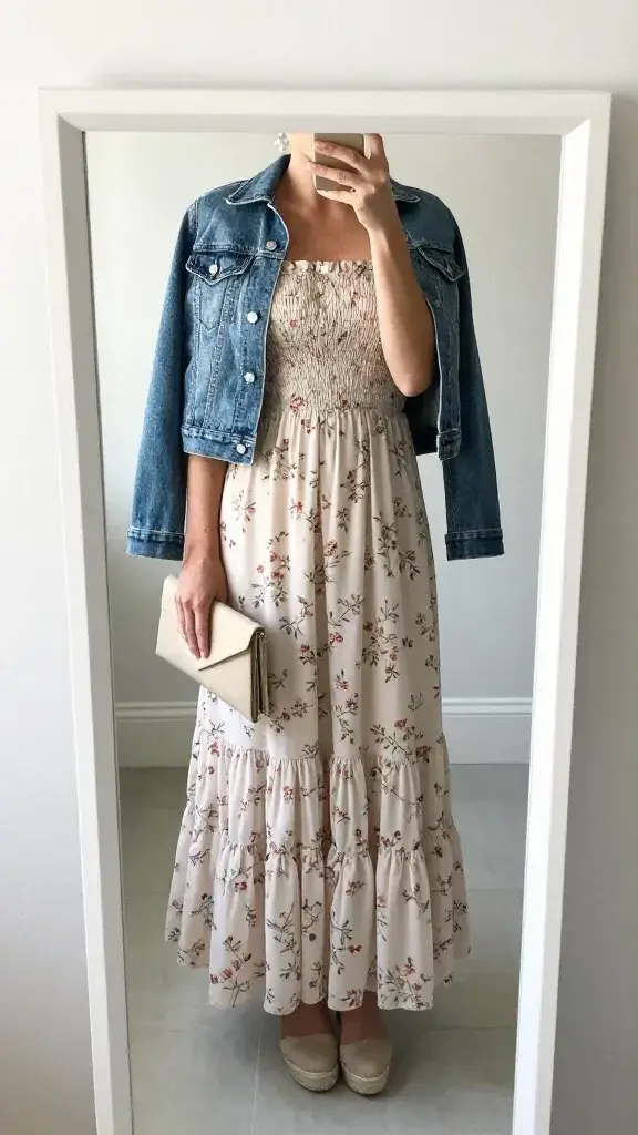 A realistic in-mirror selfie of a stylish wedding guest in a country-chic setting, featuring a main subject from the article . The image shows the person’s torso and legs reflected in a clean, well-lit full-length mirror mounted on a pale, minimalist wall. The subject wears a smocked maxi dress with small floral blossoms in soft pastel hues, paired with a dusty blue denim jacket draped over shoulders or casually opened. Accessories include pearl drop earrings and a natural-toned clutch, with neutral espadrille wedges completing the look. The mirror clearly shows the frame and edge of the glass, adding realism, while the room remains uncluttered with cool, modern décor—think muted tones, clean lines, and subtle natural light from a nearby window. The overall vibe is elegant, timeless, and cohesive, allowing the floral dress to be the focal point without heavy layering or chunky jewelry. The photo should feel like a candid, mirror-selfie moment, with the subject positioned slightly off-center to emphasize the outfit details and the subtle texture of the smocking and blossoms. No text on the image.