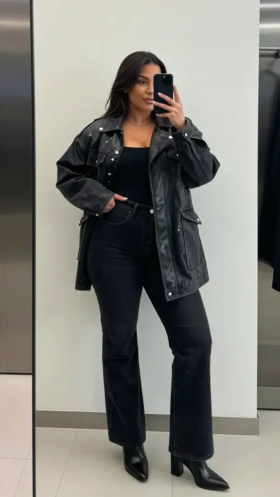 A realistic, high-quality in-mirror selfie of a curvy model with fuller bust, hips and thighs cropped from the shoulders down to mid-thigh, positioned to face a large clean wall mirror in a sleek, modern dressing room. The main outfit from "7 Distressed Denim + Leather Shacket For A Bold, All-Day Look" is worn: a distressed black denim jacket or longline coat layered with a black faux leather shacket featuring silver hardware, paired with high-waisted black or dark indigo wide-leg jeans and black block-heeled ankle boots. The top underneath is fitted to create a clean line with the oversized outerwear. The subject stands with one foot slightly forward, one hand resting at the hip, and the other holding a mid-length smartphone to capture the mirror selfie. The mirror is full-length, freestanding or mounted, with a clear, uncluttered background in a pristine, modern room—neutral tones, minimal decor, subtle ambient lighting, cool blue-gray accents. The lighting emphasizes textures: the distressed denim, the glossy faux leather, and the metallic hardware. The overall mood is rebellious yet approachable, polished for a fashion-forward editorial vibe, with no text displayed in the image.